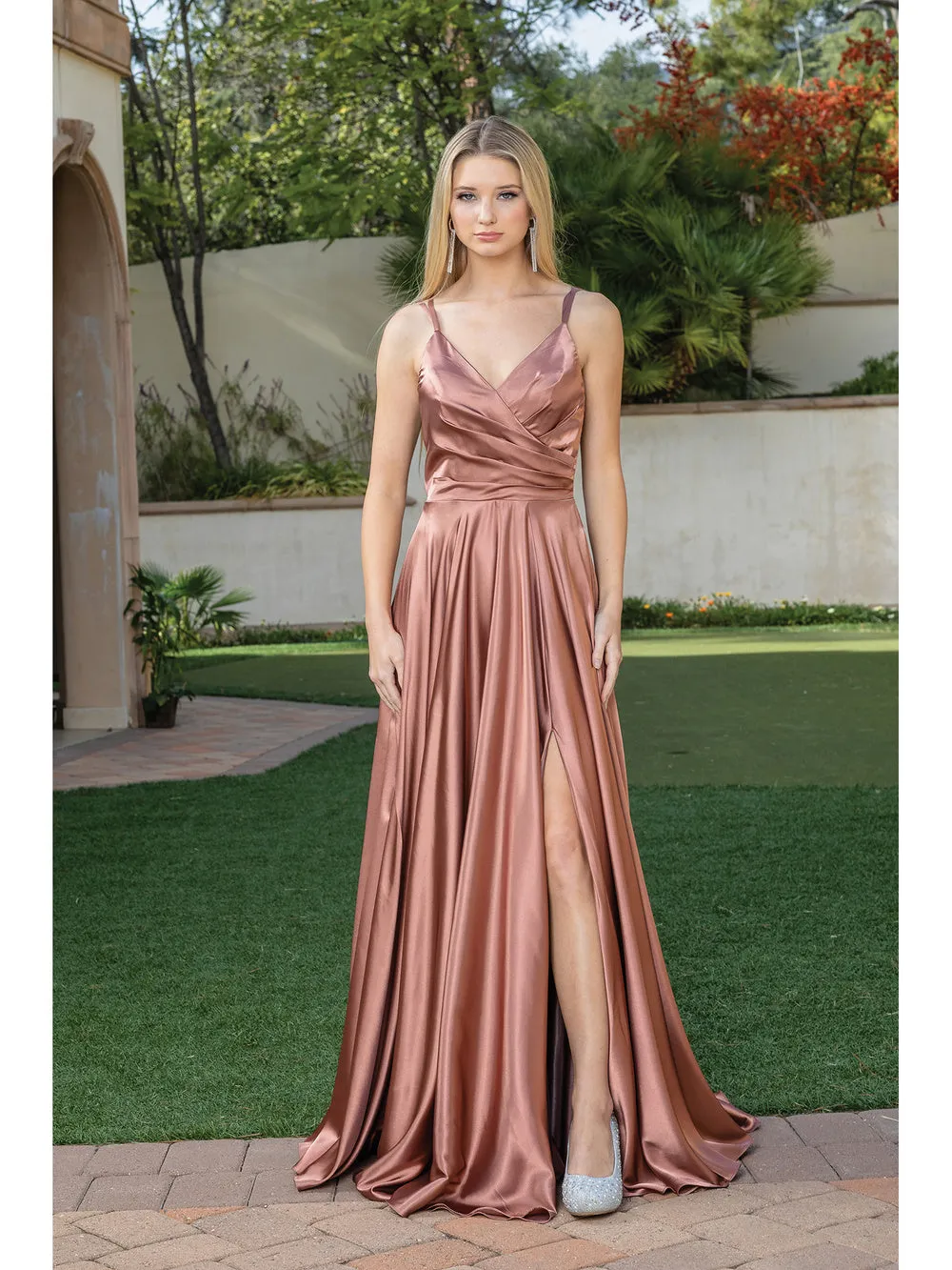 DQ 4263 - A-Line Prom Gown with Leg Slit V-Neck and Bodice Rouching