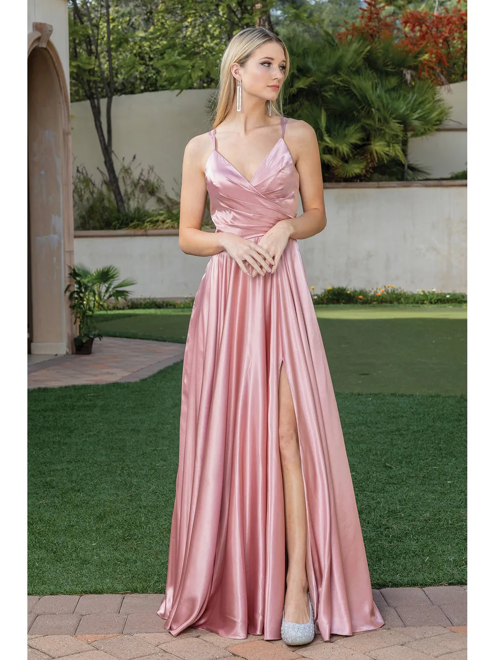 DQ 4263 - A-Line Prom Gown with Leg Slit V-Neck and Bodice Rouching