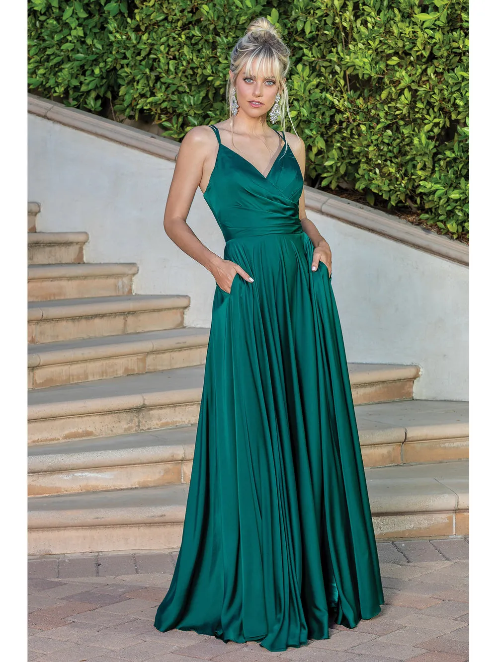 DQ 4263 - A-Line Prom Gown with Leg Slit V-Neck and Bodice Rouching