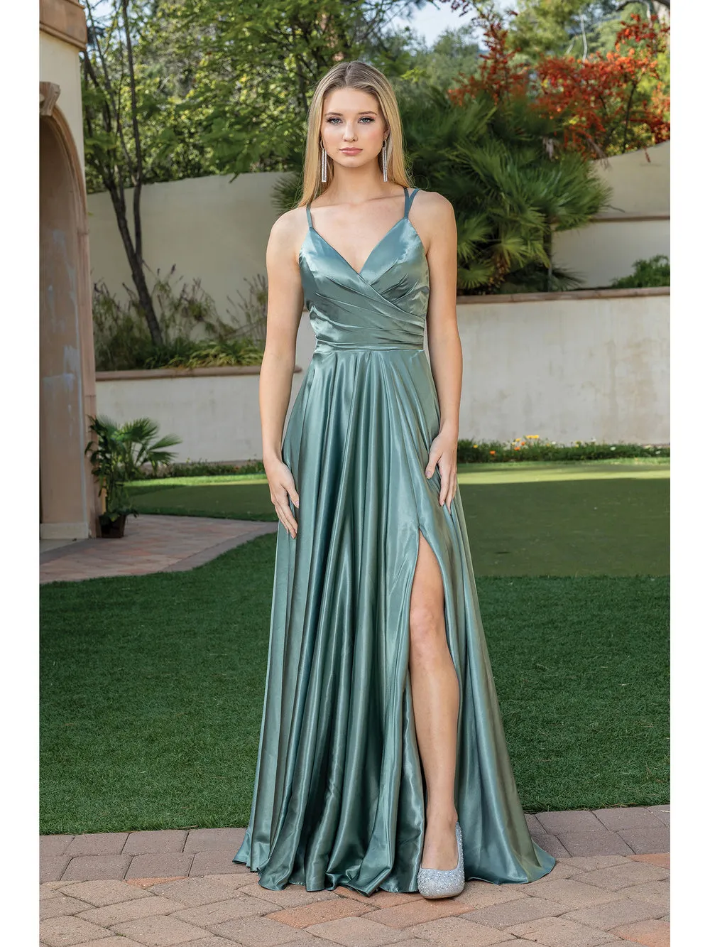 DQ 4263 - A-Line Prom Gown with Leg Slit V-Neck and Bodice Rouching