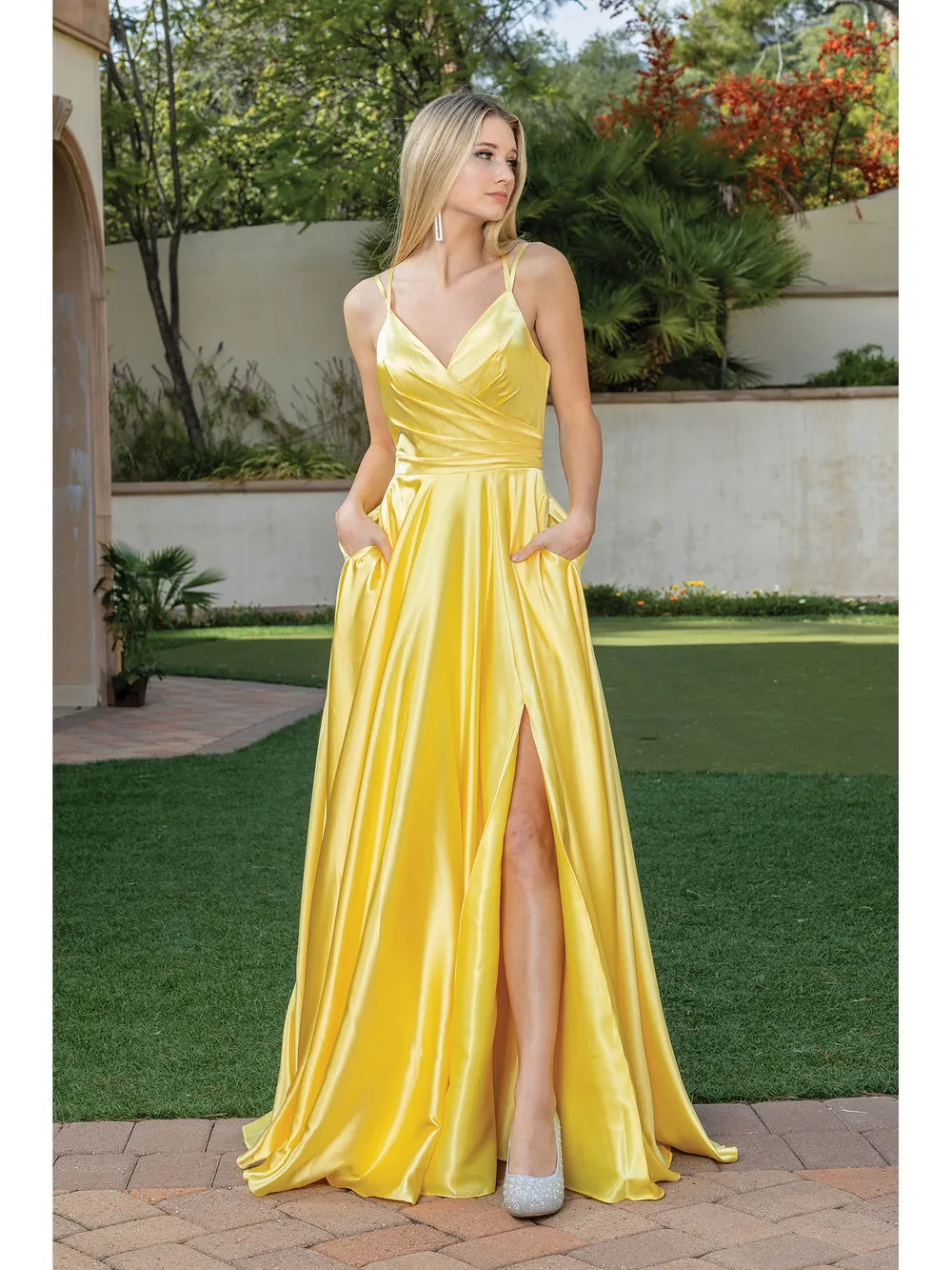 DQ 4263 - A-Line Prom Gown with Leg Slit V-Neck and Bodice Rouching