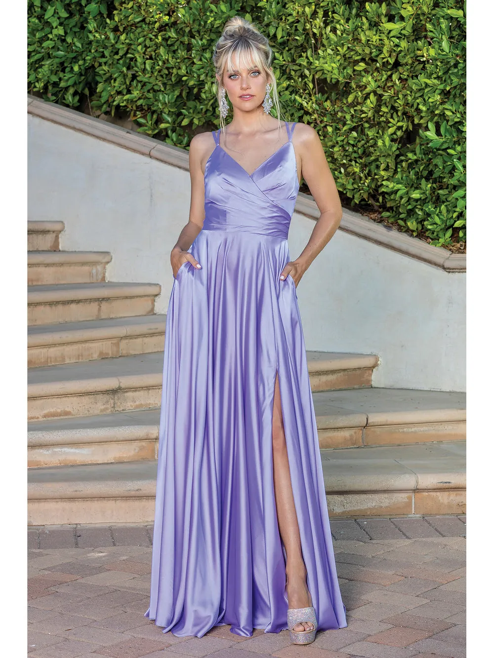 DQ 4263 - A-Line Prom Gown with Leg Slit V-Neck and Bodice Rouching