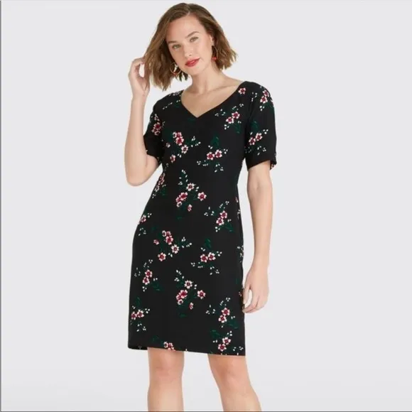Draper James Floral V-Neck Sheath Dress in Black Size 6