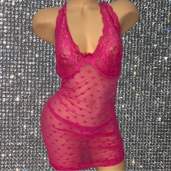 Dreamgirl dress night gown nighty hearts mesh bra open back adjustable sexy pink