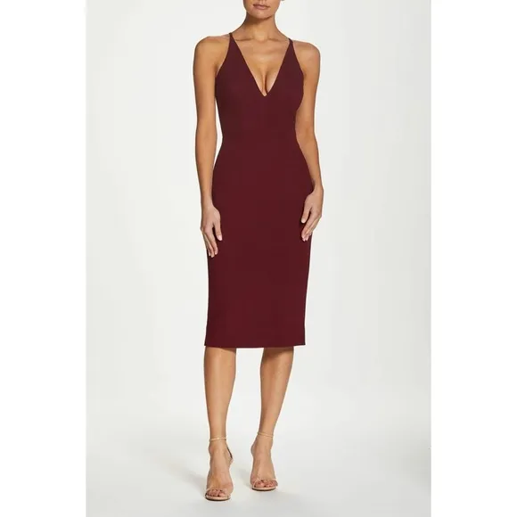 Dress the Population Lyla Midi Dress Burgundy XL Plunging Fitted Sleeveless