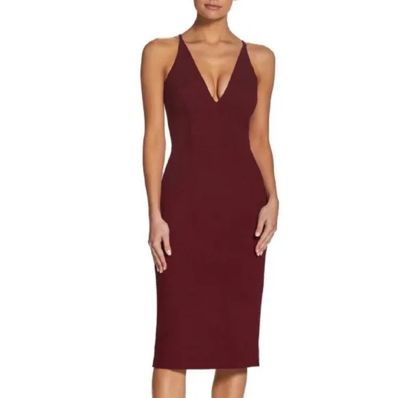 Dress the Population Lyla Midi Dress Burgundy XL Plunging Fitted Sleeveless