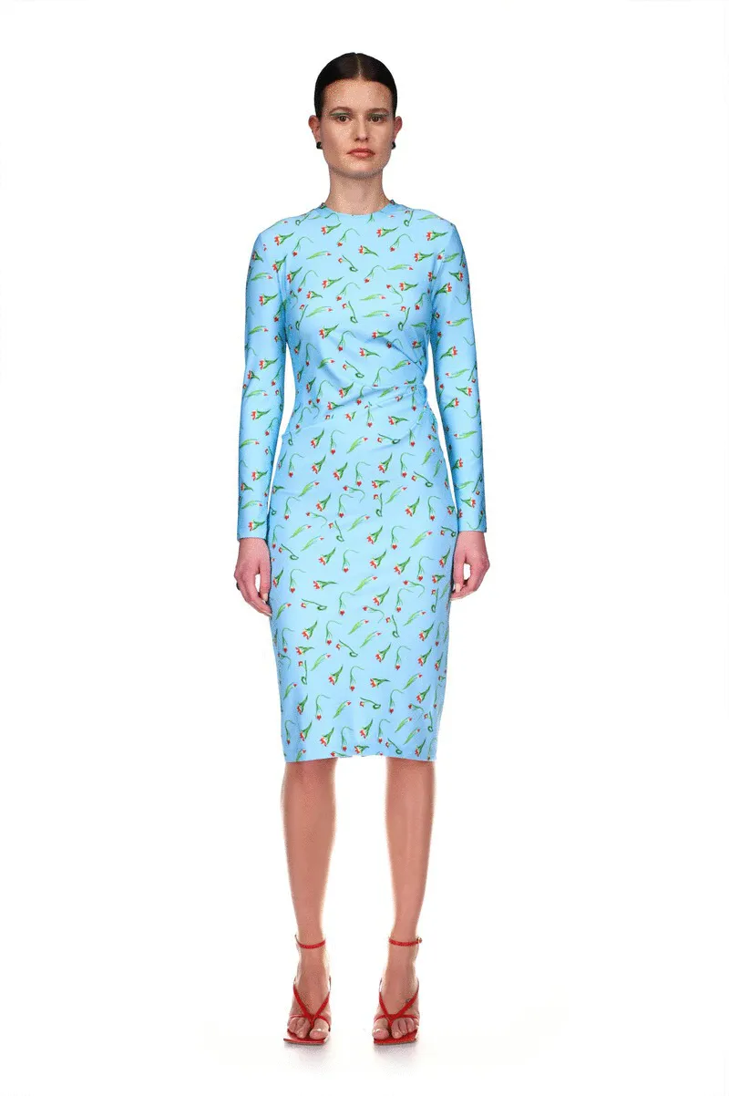 Dress with Side Twist in Dancing Tulips