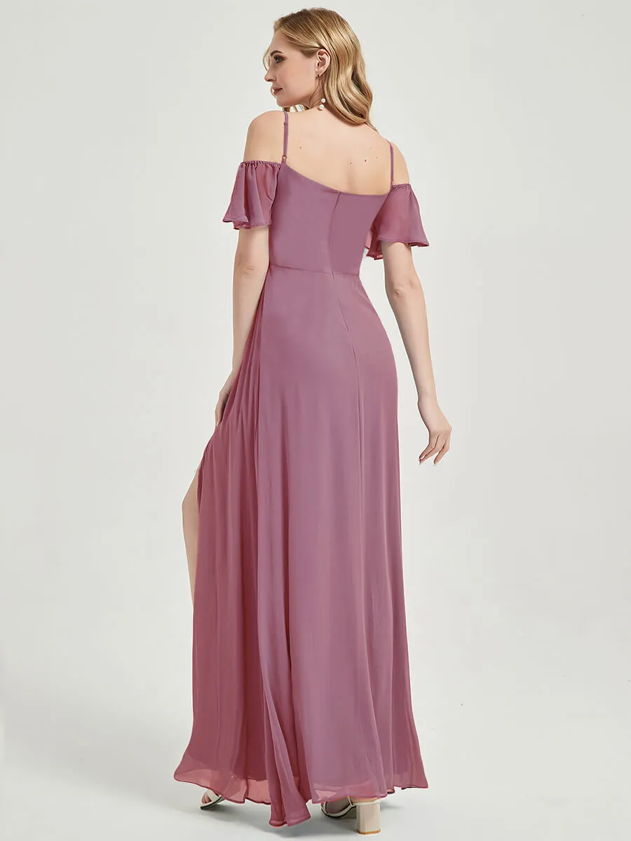 Dusty Rose A-Line Chiffon Bridesmaid Maxi Dress With High Leg Slit