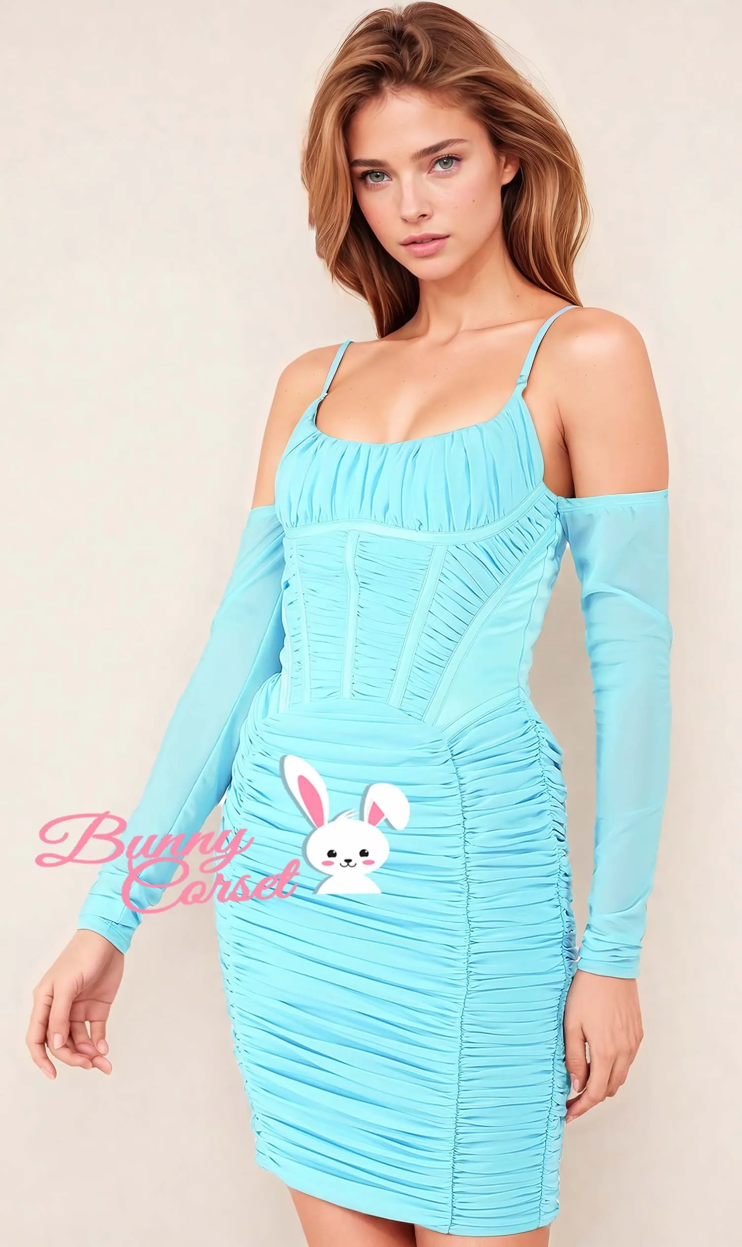 Elin Cyan Blue Mesh Corset Dress