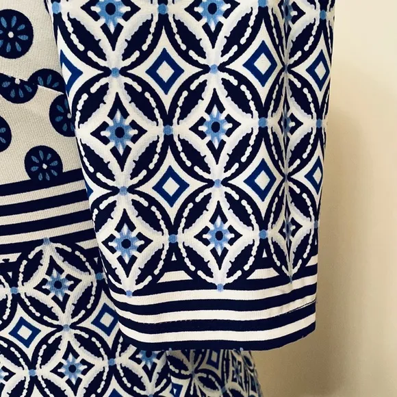 Eliza J Blue White Tile Geometric Print Elbow Sleeves Sheath Lined Mini Dress 4