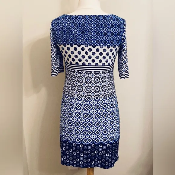 Eliza J Blue White Tile Geometric Print Elbow Sleeves Sheath Lined Mini Dress 4