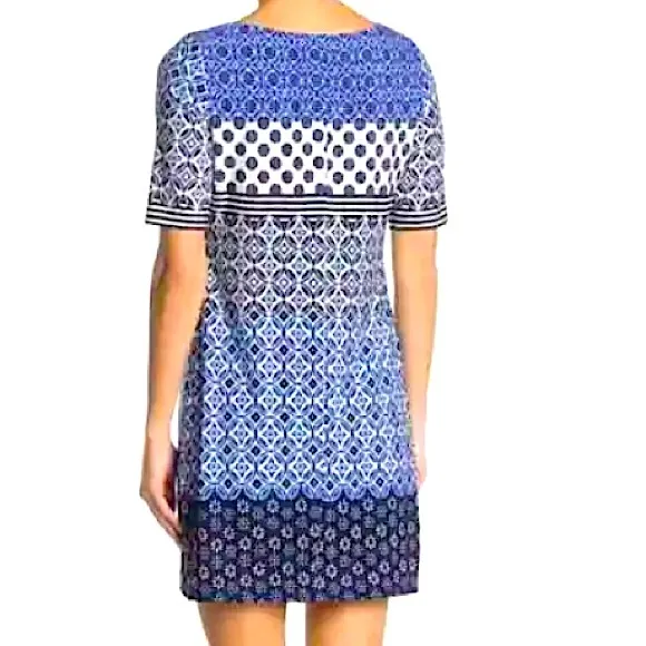 Eliza J Blue White Tile Geometric Print Elbow Sleeves Sheath Lined Mini Dress 4