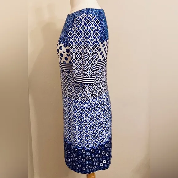 Eliza J Blue White Tile Geometric Print Elbow Sleeves Sheath Lined Mini Dress 4