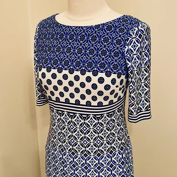 Eliza J Blue White Tile Geometric Print Elbow Sleeves Sheath Lined Mini Dress 4