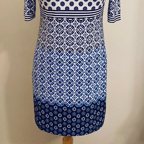 Eliza J Blue White Tile Geometric Print Elbow Sleeves Sheath Lined Mini Dress 4