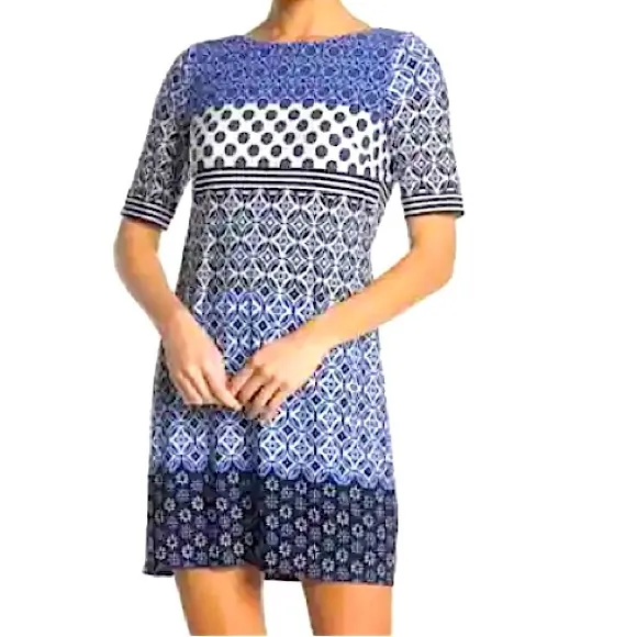 Eliza J Blue White Tile Geometric Print Elbow Sleeves Sheath Lined Mini Dress 4