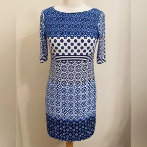 Eliza J Blue White Tile Geometric Print Elbow Sleeves Sheath Lined Mini Dress 4