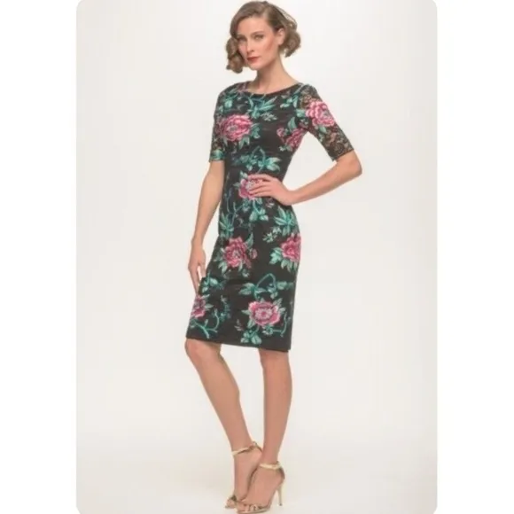 Eliza J Embroidered Black Lace Sheath Floral Tapestry Brocade Dress Size 6