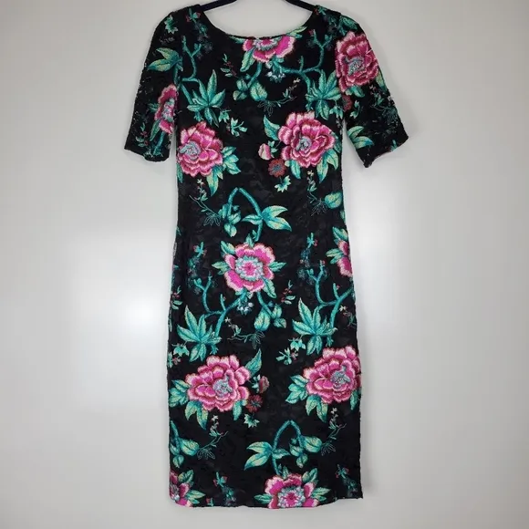 Eliza J Embroidered Black Lace Sheath Floral Tapestry Brocade Dress Size 6