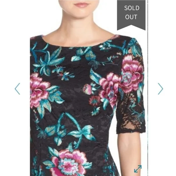 Eliza J Embroidered Black Lace Sheath Floral Tapestry Brocade Dress Size 6