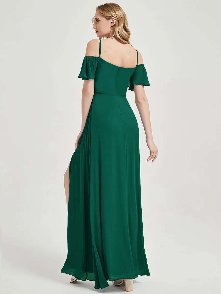 Emerald Green Short Ruffle Sleeves Sweetheart Chiffon Bridesmaid Dress