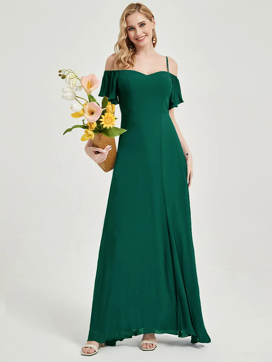 Emerald Green Short Ruffle Sleeves Sweetheart Chiffon Bridesmaid Dress
