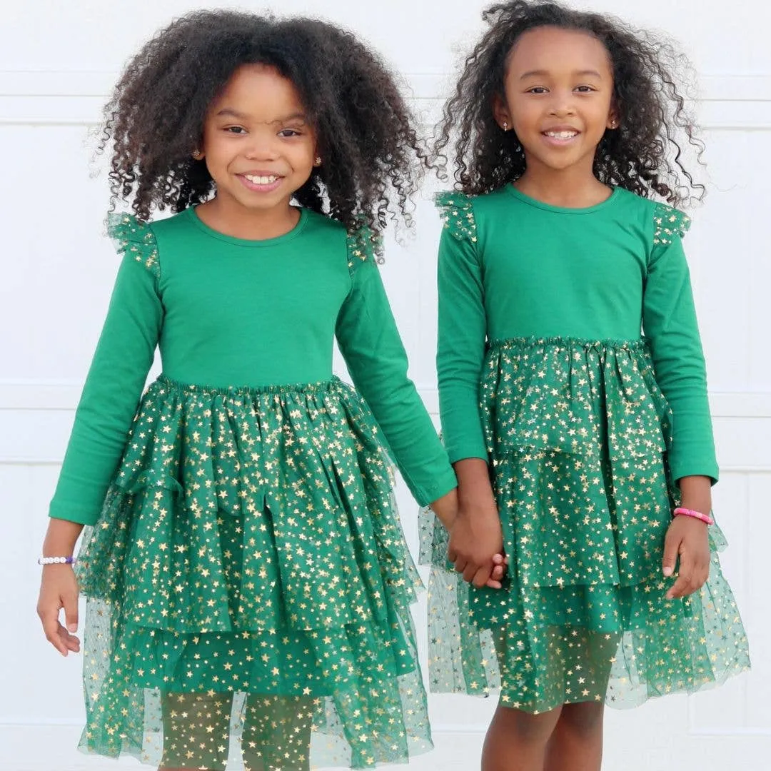 Emerald  Shimmer Christmas Long Sleeve Tutu Dress