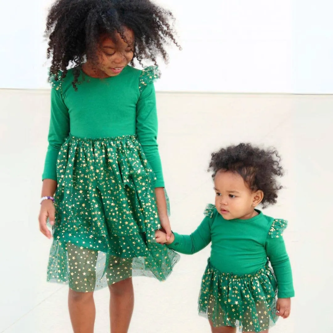 Emerald  Shimmer Christmas Long Sleeve Tutu Dress