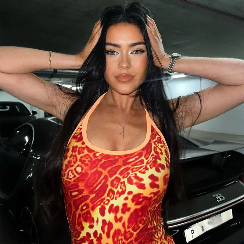 European and American Style Cross-Border Women's Clothing2023Summer New Sexy Lace-up Halter Fashion Printed Sheath Dress Wholesale