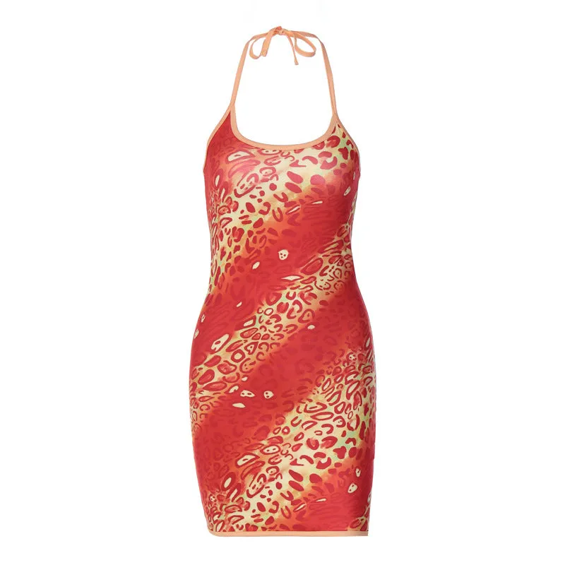 European and American Style Cross-Border Women's Clothing2023Summer New Sexy Lace-up Halter Fashion Printed Sheath Dress Wholesale