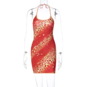 European and American Style Cross-Border Women's Clothing2023Summer New Sexy Lace-up Halter Fashion Printed Sheath Dress Wholesale