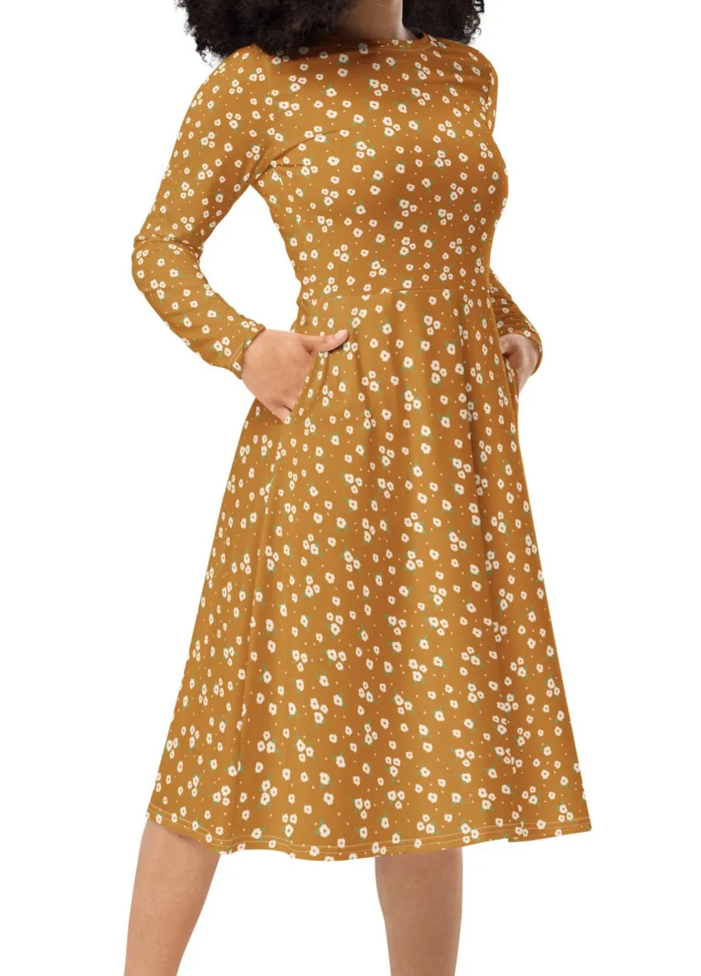 Field of Gold Floral Midi Dress (S-4XL)