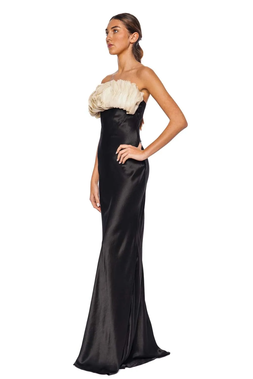 Fiorella Black & Ivory Strapless Floral Gown