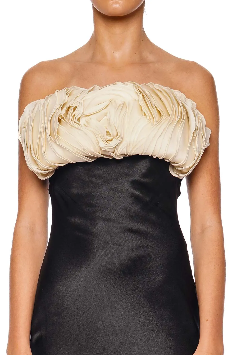 Fiorella Black & Ivory Strapless Floral Gown