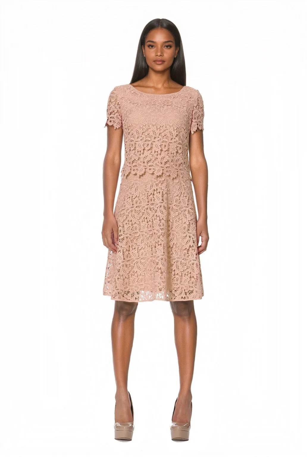 Fit & Flare Popover Lace Dress in Champagne