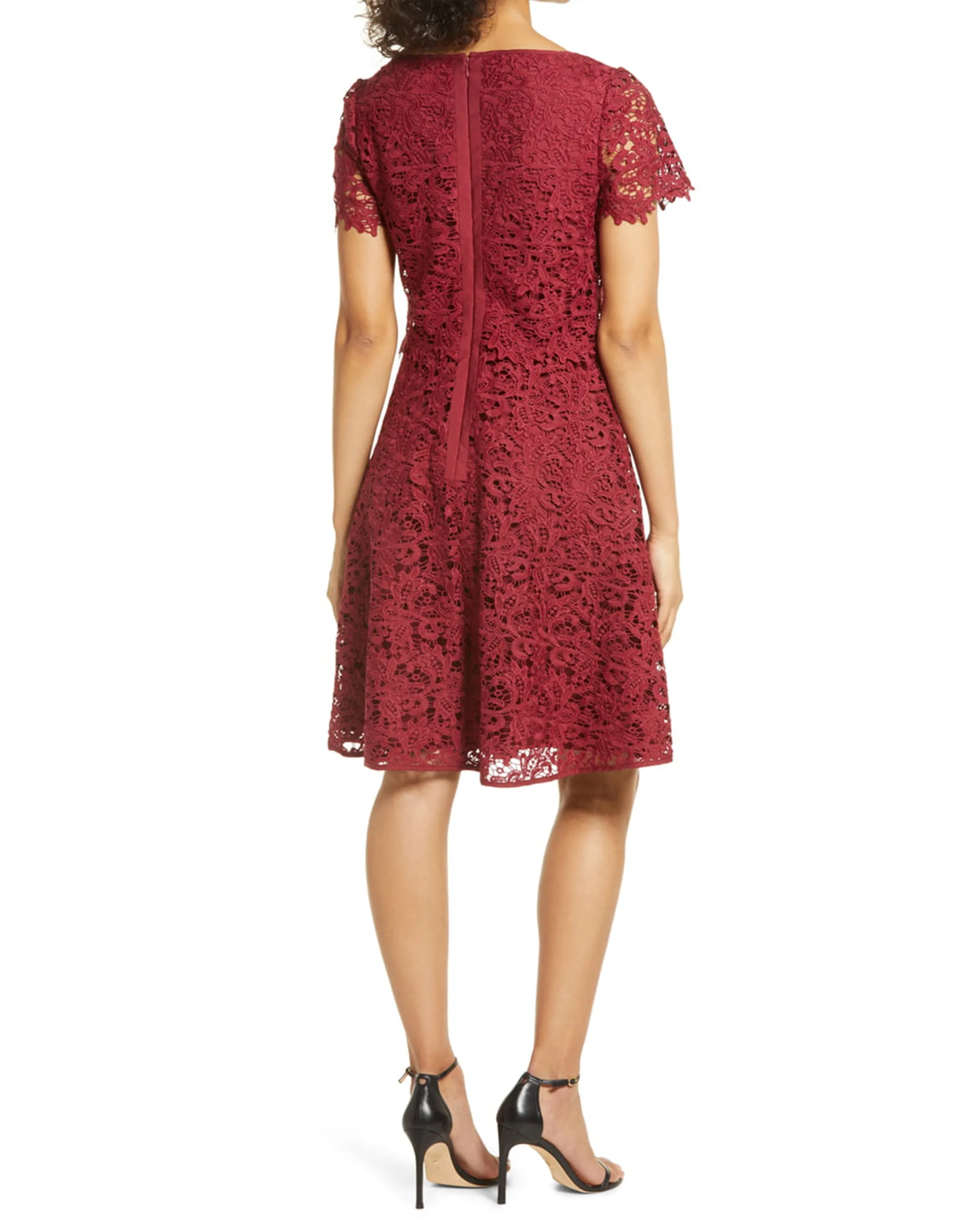 Fit & Flare Popover Lace Dress in Wine