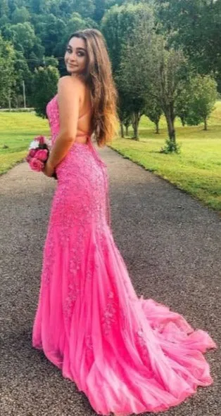 Fit and Flare Hot Pink Prom Dress with Criss-Cross Back
