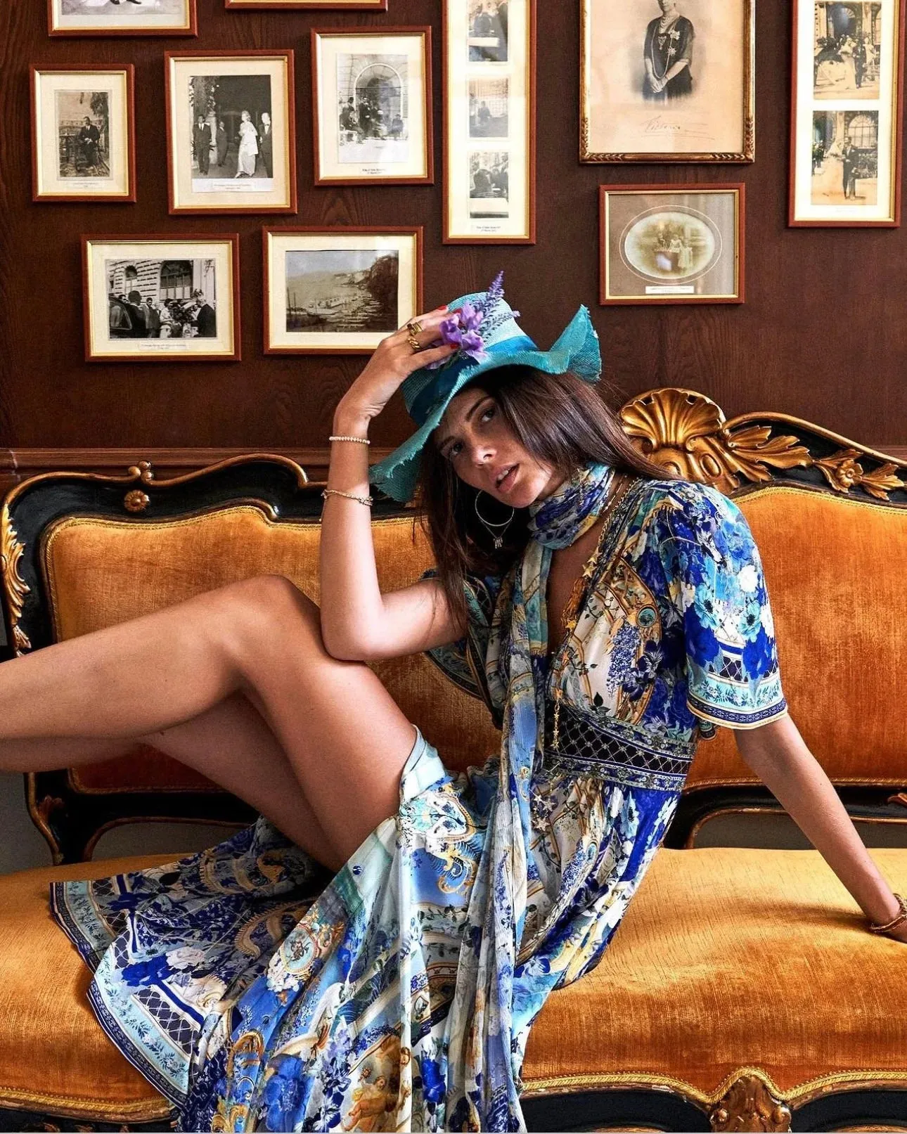 Flare Short Sleeve Retro Print 100% Silk Long Dress