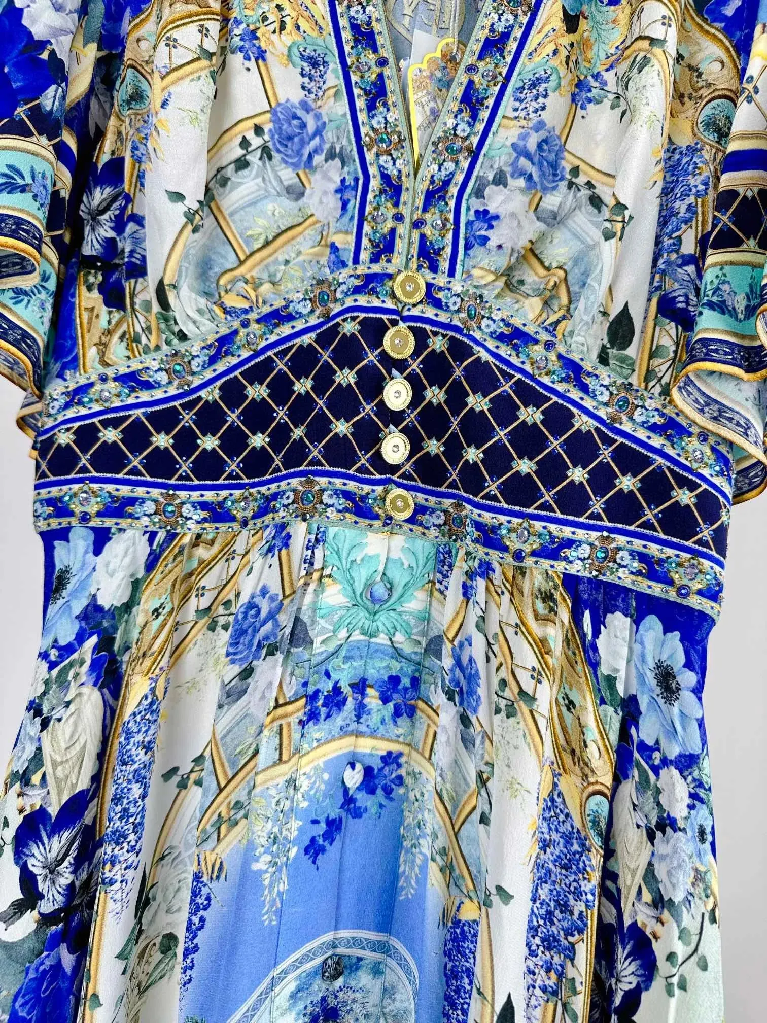 Flare Short Sleeve Retro Print 100% Silk Long Dress