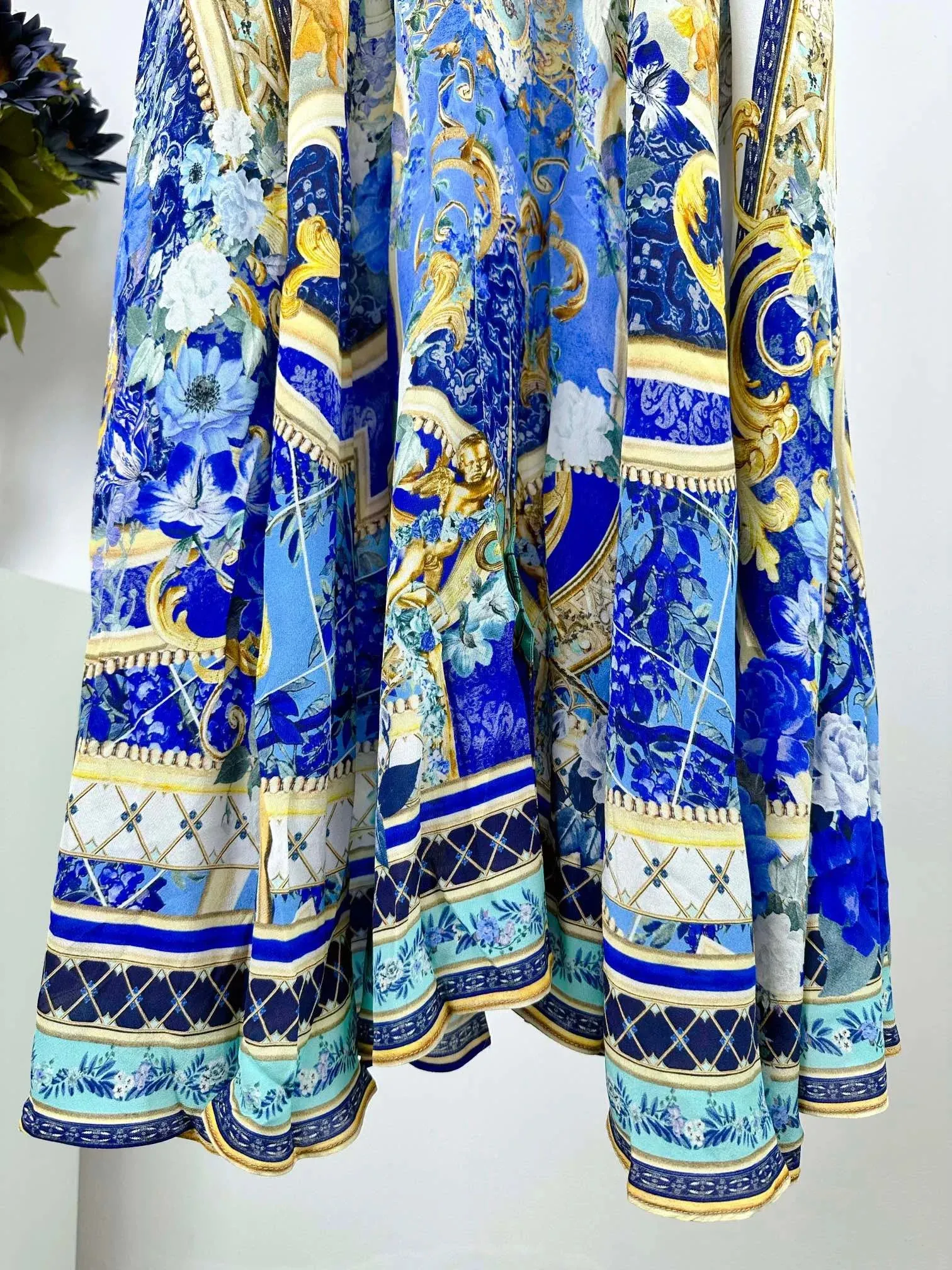 Flare Short Sleeve Retro Print 100% Silk Long Dress