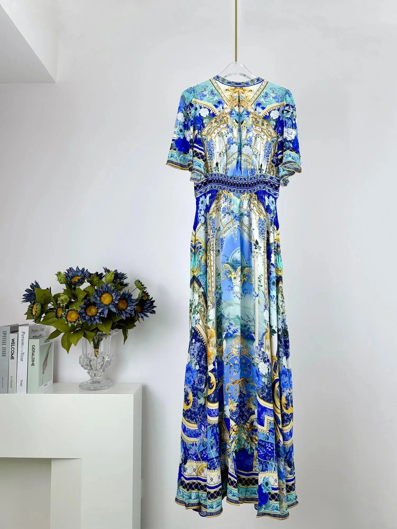 Flare Short Sleeve Retro Print 100% Silk Long Dress
