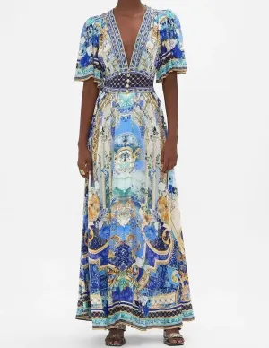 Flare Short Sleeve Retro Print 100% Silk Long Dress
