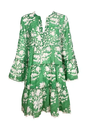 Flared Sleeve Dress In Palladio Block Print Green