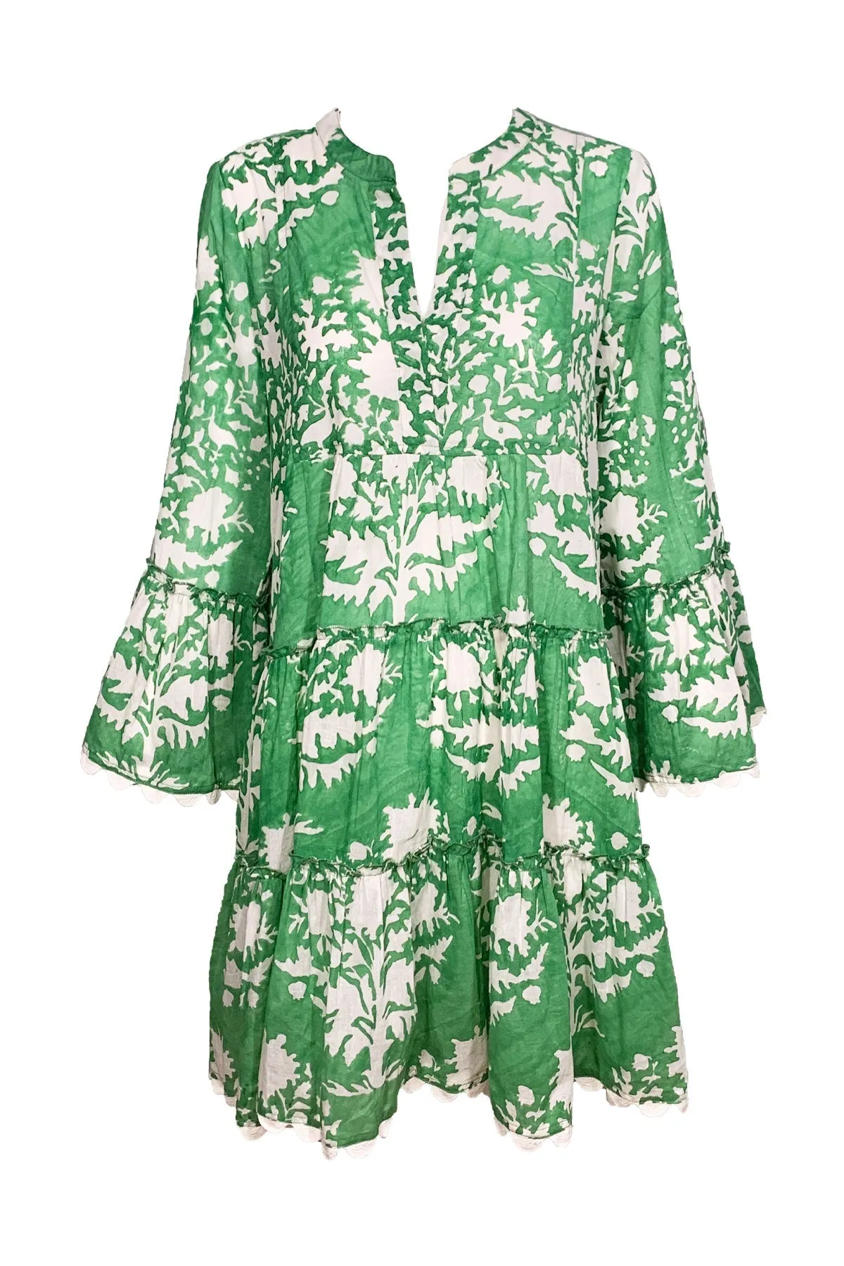Flared Sleeve Dress In Palladio Block Print Green
