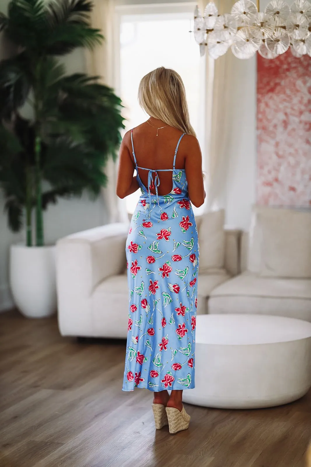 Flower Power Satin Maxi Gown Dress - Blue