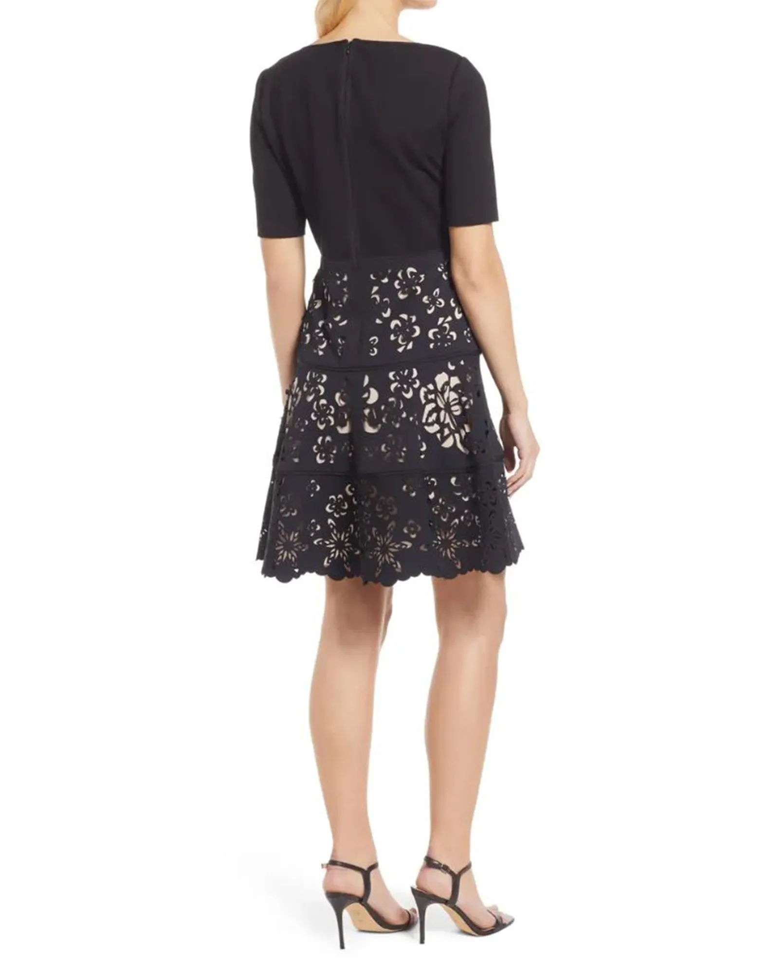 FOCUS by Shani — Laser Cut Ponte Knit Fit & Flare Dress in Beige