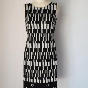Frank Lyman Sheath Dress Grommet Accent Sleeveless Geo-Printed Black Beige