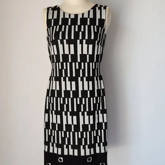 Frank Lyman Sheath Dress Grommet Accent Sleeveless Geo-Printed Black Beige