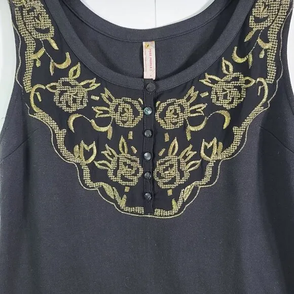 Free People  Black Gold Button Embroidered Front Fit Flare Sheath Dress Size 8