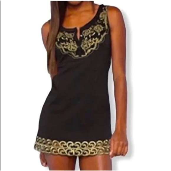 Free People  Black Gold Button Embroidered Front Fit Flare Sheath Dress Size 8